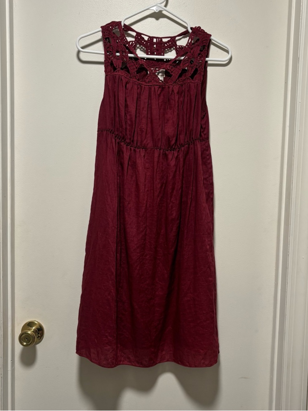 Women's Burgundy Crochet Yoke Midi Dress linen/silk sz xs